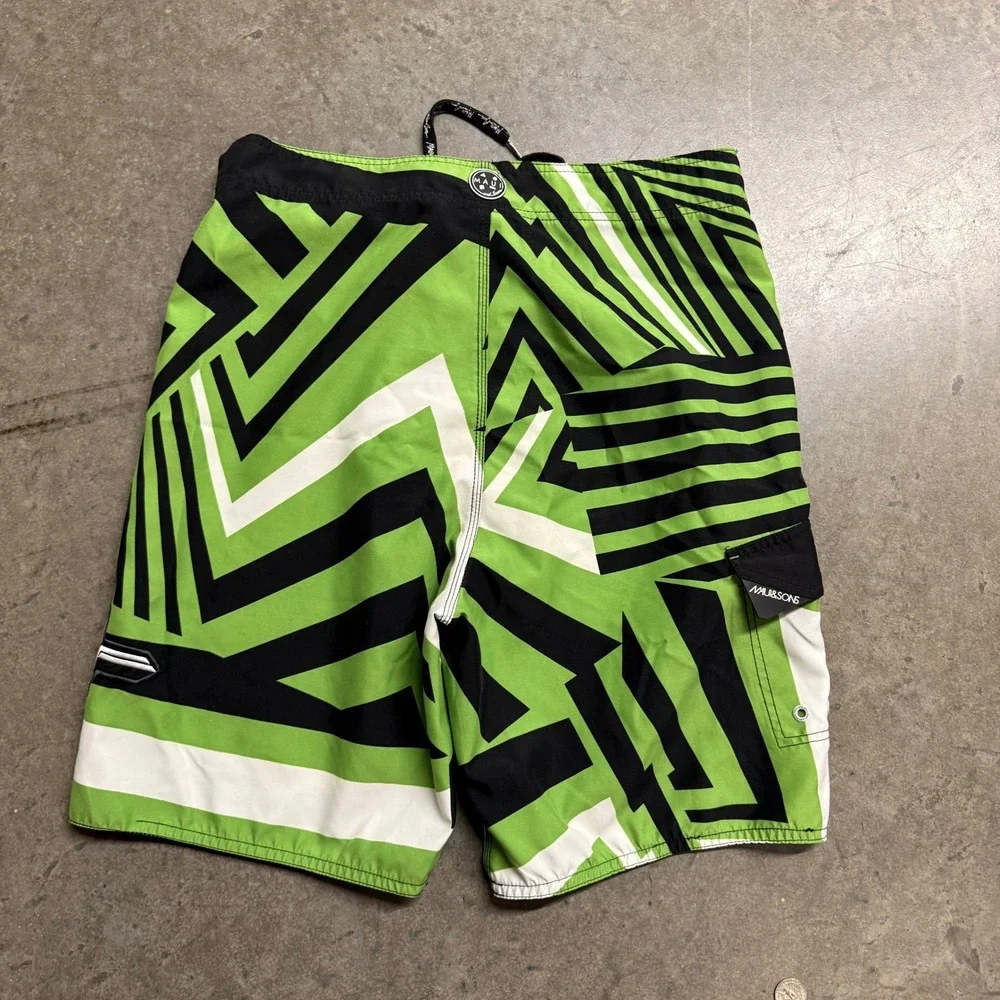 Maui and Sons Mens Board Shorts Size 32 Green Black Geometric Stripe Surf Trunks